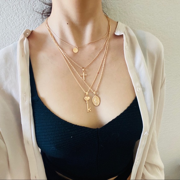 Heart Keys Saint Mary Cross Layered Necklace - Picture 2 of 8